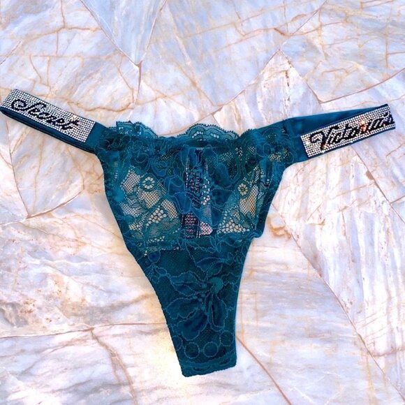 VS VERY SEXY Shine Strap Thong Panty Shimmer Crystal Band Lace Mesh Bling Green - Picture 1 of 11